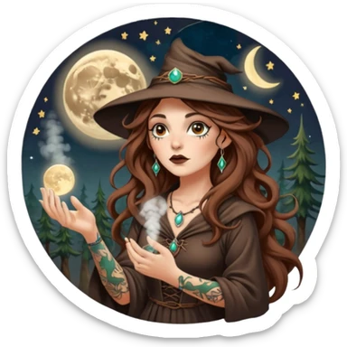 forest witch woman long wavy brown hair tattoos blowing moon dust sticker