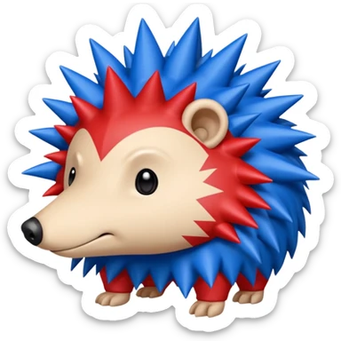 Red and blue Porcupine facing right. Bottom layer red: covers feet, round face with no facial features and 2 spikes. blue upper layer 6 spikes, 3 white 5 pointed stars in the middle of the blue. sticker
