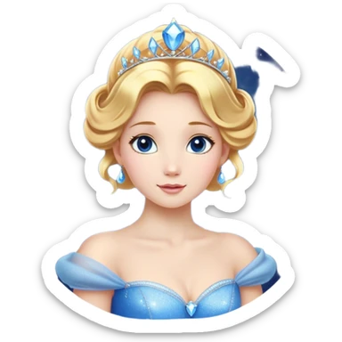 Cinematic Stunning Cinderella Portrait Emoji, Radiant in her sparkling blue ball gown, golden hair in a perfect updo, soft blue eyes full of wonder, glistening tiara, glowing with an ethereal beauty, regal yet kind, a dreamlike aura surrounds her, capturing the essence of a fairy tale princess, elegant and breathtaking! sticker