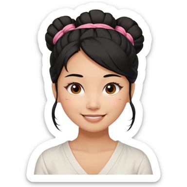 medium tan asian woman with long black hair tied in a high messy bun, round brown eyes, white v neck blouse. shes smiling and friendly. sticker