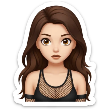 a pretty bratz fair girl with brown long hair styled well, looking like a baddie in a fishnet top and dark brown hair sticker