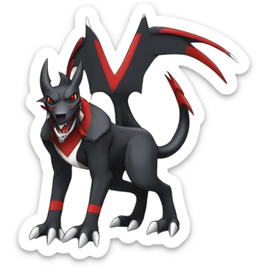 Black Cool Edgy Nargacuga-Houndoom-Garchomp Fakémon Digimon with Red and white Edgy markings, full body, outlined, sharp line Art sticker
