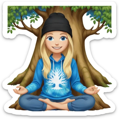 long haired blonde white woman wearing a black beanie and This woman should have blue eyes and a big smile and i want her to be sitting meditating next to a tree. she is wearing a tie dye hoodie  sticker