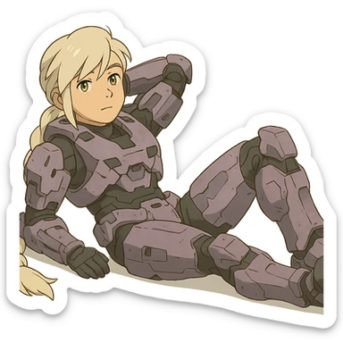 female, wearing reach spartan armor shoulder-unequip, long white braid hair with massive messy front side single bangs, gold yellow eyes, attention pose, HALO:series, no helmet, the armor is lavender color scheme, laying back and relaxing flat on the ground sticker