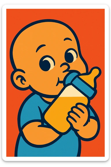 baby with a smooth head and a bottle in mouth sticker