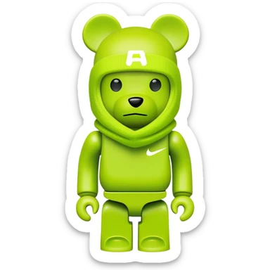 classic bearbrick toy with squared head, wearing a bright lime balaclava with Nike swoosh logo on it, pronounced eyebrows, blocky bear design sticker