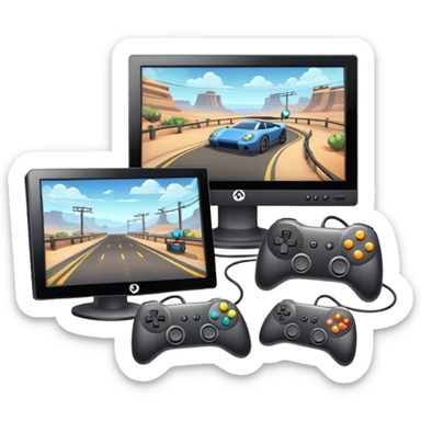 An icon showing two monitors with gaming interfaces, connected by a wire. Each monitor displays a different game screen, with two gamepads placed nearby, symbolizing multiplayer gameplay. transparent background. sticker