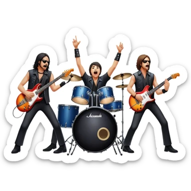 Icon for Heavy Metal Music: 4 men band on stage with electric guitars, drums and intense lighting. 3 guitarists and drummer, surrounded by energy and stage effects, capturing the power and intensity of a metal concert. Transparent background. sticker