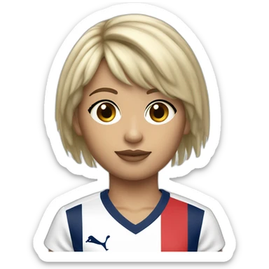 Tye and die blonde short hair fringe girl, grey eyes, a 1980 PSG jersey and a baguette sticker