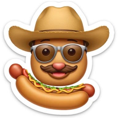 A hotdog with sunglasses and a cowboy hat sticker