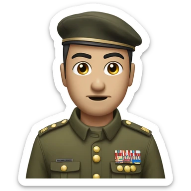 an angry young man with very short black mustache. short hair to right in army costume. white skin. eyebrows to down sticker