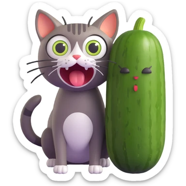 a scared cat with a cucumber next to it sticker