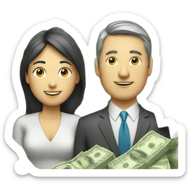 Woman and man with a lot of money from stock market sticker