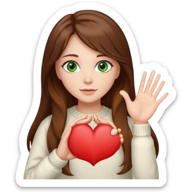 Girl green eyes brown long hair white warm sweater doing hands heart sticker