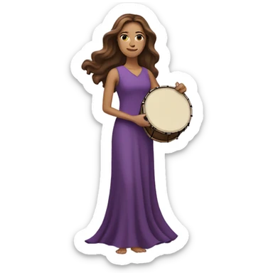 White woman standing with long flowing purple dress and long wavy brown hair holding a small frame drum sticker