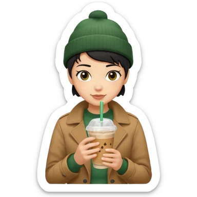 tan skin, non binary person with pixie cut black hair, wearing brown jacket and dark green beanie, shy smile , holding single iced coffee  sticker