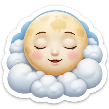 Cinematic adorable moon with a sleepy face, round and chubby, soft glowing light, tiny rosy cheeks, resting on a bed of fluffy clouds, dreamy and peaceful. sticker
