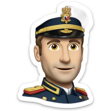 Emmanuel Macron dictateur en tenue militaire avec un aire sérieux sticker