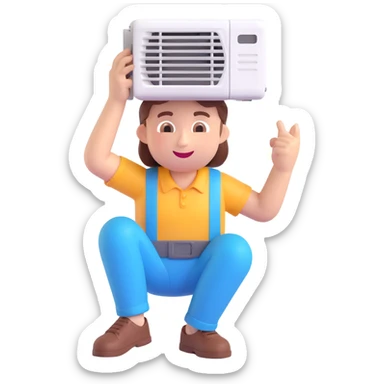 air conditioning technician fixing AC unit, cheerful expression, 3D emoji style sticker
