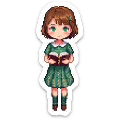 chibi-style pixel art girl, short brown hair, big sparkling eyes, small friendly smile, wearing green dress, holding book, standing facing forward, bright colorful, softly shaded sticker