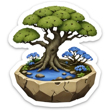 Alien landscape mudman very old broken cracked intricate Stone Age rocky-crusted irregular dodecagon-shaped shallow dark moss rough bark blue willow flowered maple tree bonsai pot sticker