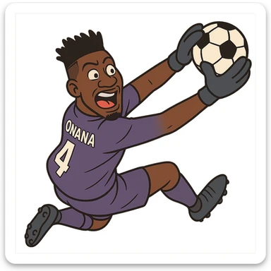 André Onana, cartoon style, in action saving a ball, goalkeeper uniform, energetic expression sticker