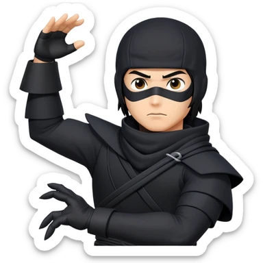 clash-of-clans-aesthetic_-cinematic-mysterious-male-ninja-portrait-emoji, rendered in a flat, vector-style with minimal shading and bold, simplified shapes, with a head slightly turned revealing intense, focused eyes. the ninja has his arm out and perched on top of his forearm is  a  giant black crow sticker