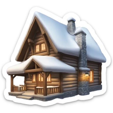 the outside of a cute rustic ski house in the snowy mountains  sticker