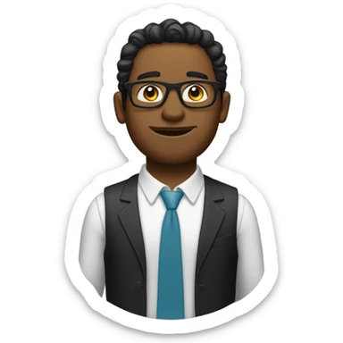 homem moreninho, óculos, cabelo baixo, terno preto. sticker