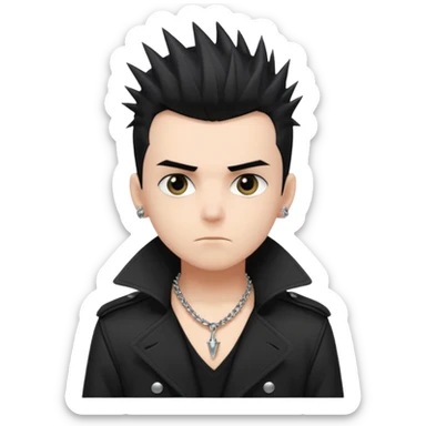 a punk boy with spiky black hair wearing a black a dark trench coat and a chain necklace sticker