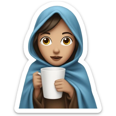 brunette with blue eyes in a blanket with a cup in her hands sticker