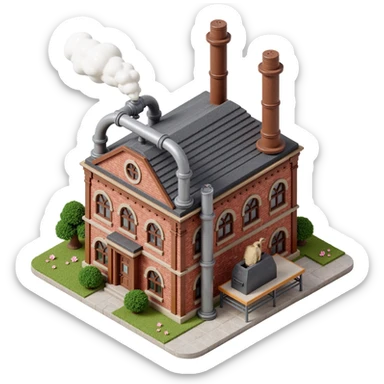 Outside view of an industrial cookie factory, multiple smokestacks, thick metal pipes crisscrossing the facade and roof, large windows hinting at inner machinery sticker