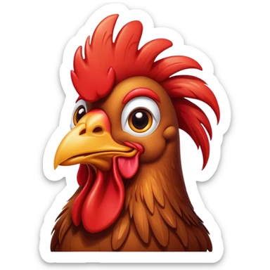 Cinematic Cute Brown Rooster Portrait Emoji, Head tilted playfully and inquisitively, featuring a glossy, immaculate brown plumage with a vibrant red comb, round, sparkling warm eyes filled with curiosity, Simplified yet irresistibly adorable features, highly detailed, glowing with a warm, friendly glow, high shine, affectionate and spirited, stylized with a touch of farmyard whimsy, bright and endearing, soft glowing outline, capturing the essence of a mischievous yet loving rooster, so playful it feels like it could strut out of the screen and into your arms! sticker