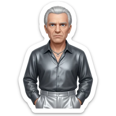 Ernst Stavro Blofeld from James Bond with blue eyes, silver hair, charcoal grey metallic shirt, light gray metallic baggy pants, silver necklace sticker