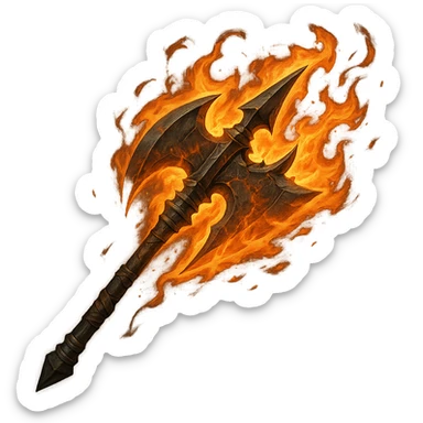 a fantasy halbert engulfed in flames, spiked back, large axe blade in front, dynamic pose, no background sticker