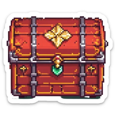 A red RPG treasure chest with gold details, pixelated 16-bit style sticker