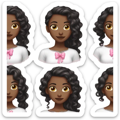 Young Black girl with long black hair and a white long sleeved top, pink bow in hair, white  crystal heart necklace, coquette  sticker