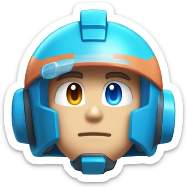Mega Man with Blue eyes, peach skin on his face, Blue Helmet with a Cyan Stripe, Cyan ears, Cyan Body. sticker