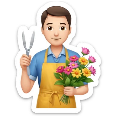 Middle-aged male florist – apron on, trimming stems with scissors sticker