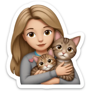 Une femme avec les cheveux dégradée, brun et blond, qui fait un câlin à son chat gris, tigré avec les extrémités que pattes pointe d’oreilles noires et le dessous du menton blanc  sticker