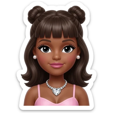 pearl earrings stud, Long giant lashes, Doll faced shaped,swarovski heart with Rhodium plated necklace, bimbo, black doll eyes, barbie, dark brown skin, with two high buns with long middle part bangs dark brown hair, light pink, big breast sticker