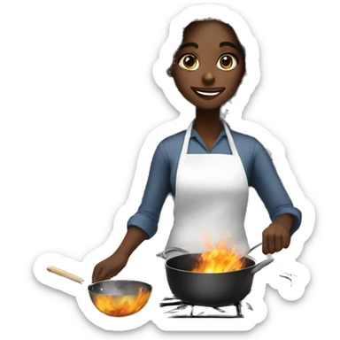 a black girl with long hair cooking with a lot of smoke coming out  sticker