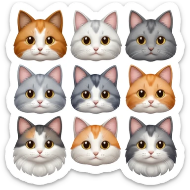 6 realistic looking cats with different natural coloured coats, assorted grey and white, greys, calico, brown and white colours etc
 sticker