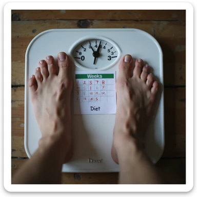 man weighing himself on a scale showing the same weight for weeks, calendar with crossed out days and the word 'Diet', realistic atmosphere, 4K details sticker