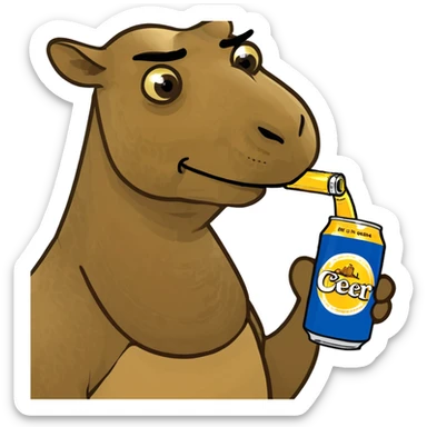 camel with big nuts holding a can of beer sticker