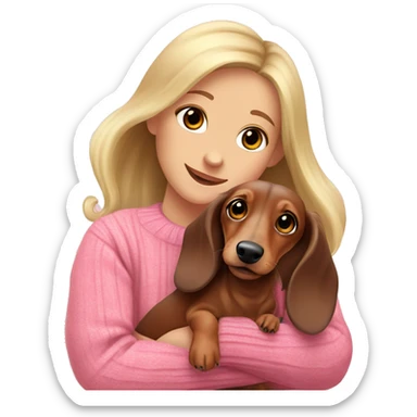 a cheerful long-haired brown marble dachshund in full height on the side in the arms of a blonde girl in a pink sweater sticker