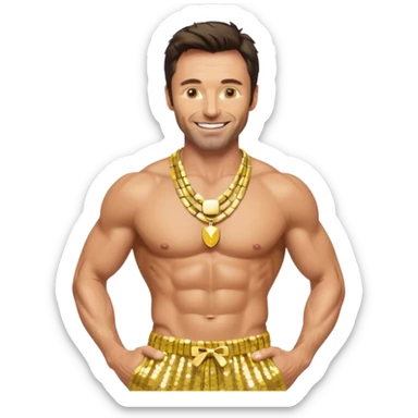 Hugh Jackman with yellow sequin baggy pants, shirtless with necklace sticker