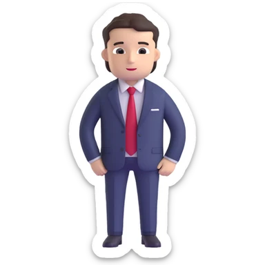 man wearing a dark blue-gray business suit with black horizontal stripes on the arms and legs, white shirt and red tie sticker