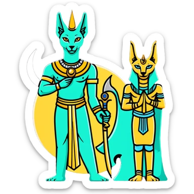 Egyptian gods Osiris with green skin and Atef crown, Khonsu with falcon head and moon symbol, and Anubis with jackal head standing together sticker
