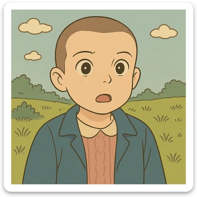 Variation of Eleven with shaved hair, serious expression, simple and delicate line art as in the reference drawing, colored in pastel tones, thick and dark contours, Ghibli style, 1:1 format, expression surprised. sticker